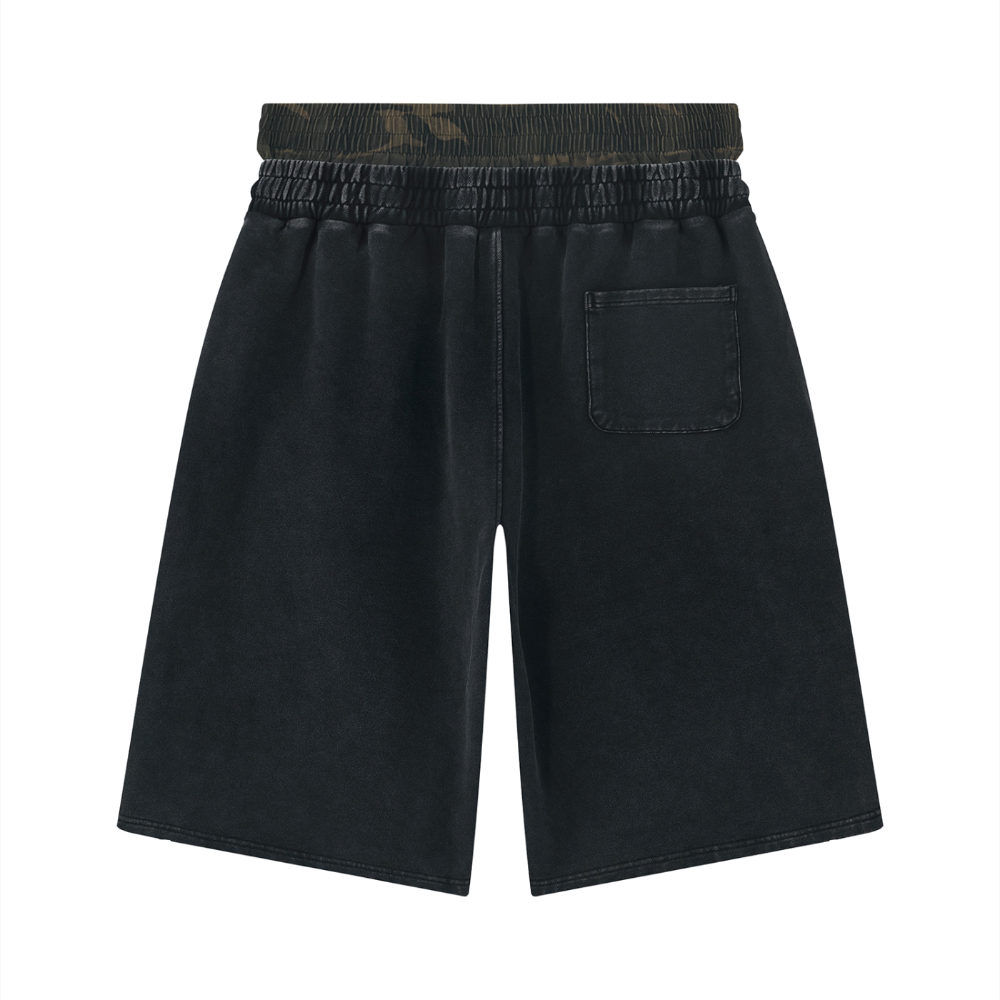 Wide-leg distressed shorts with elastic waistband, drawstring, and camo top band detail