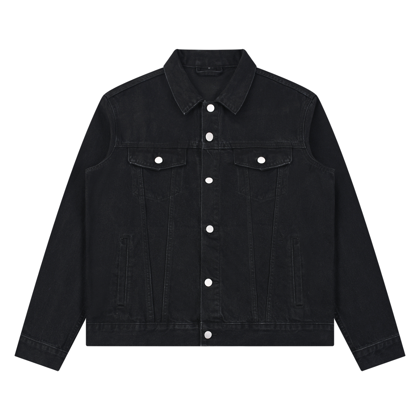 Black unisex vintage wash denim jacket with button front and chest flap pockets