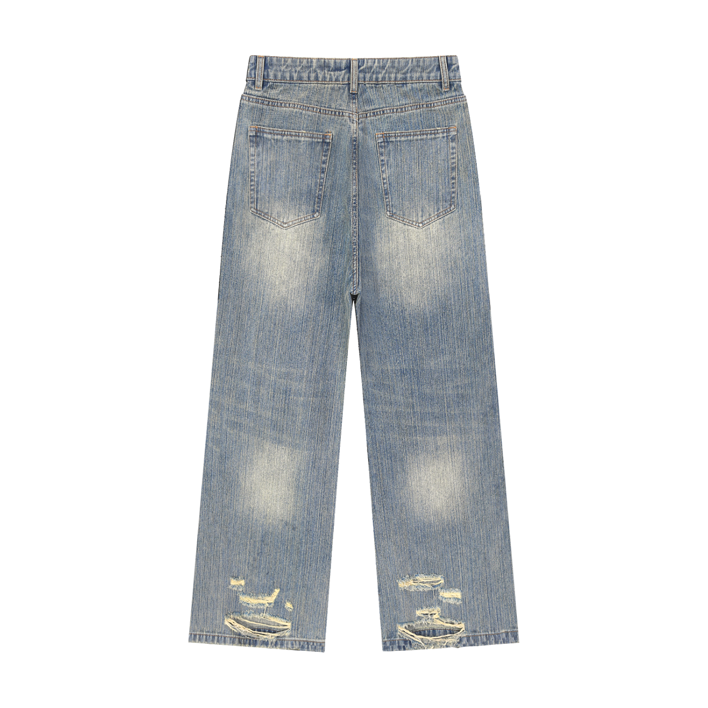 Distressed blue wash denim jeans, back view, with back pockets and frayed hem rips
