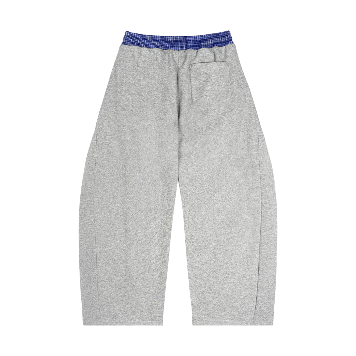 Heather gray barrel sweatpants with blue plaid waistband and drawstring