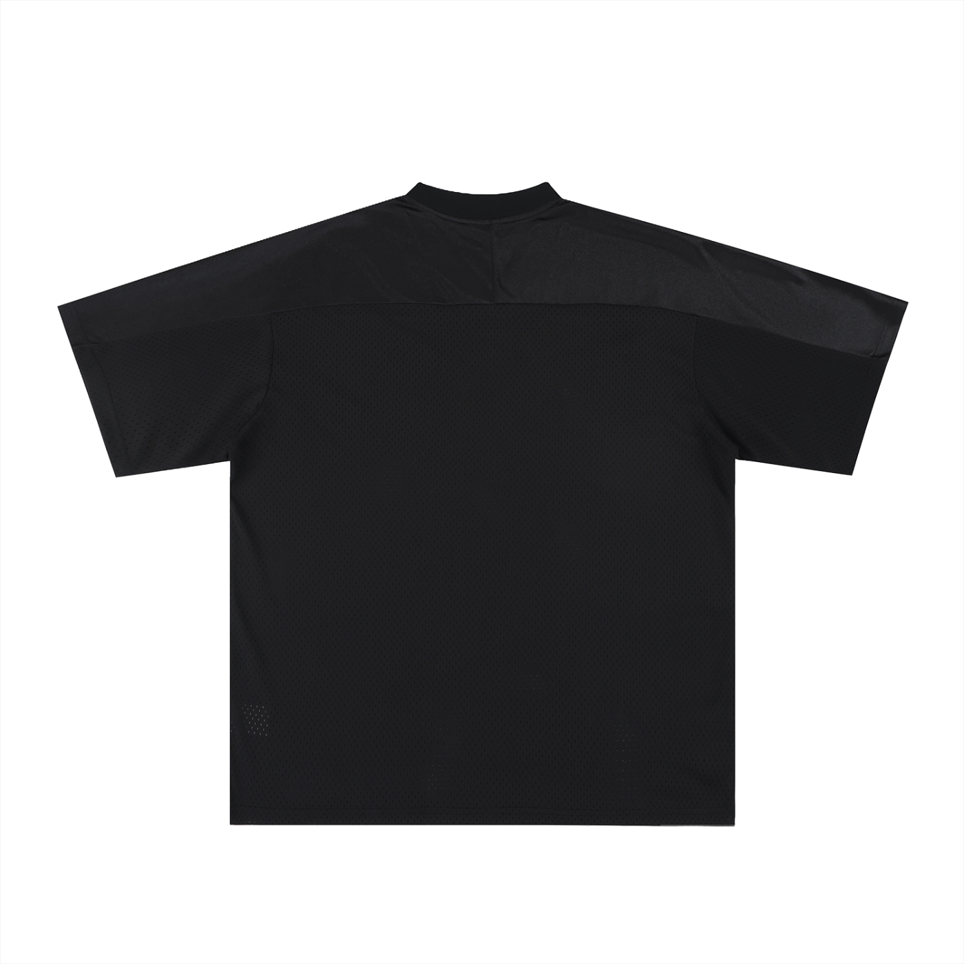 Black oversized mesh soccer jersey, short sleeves, crew neck back view