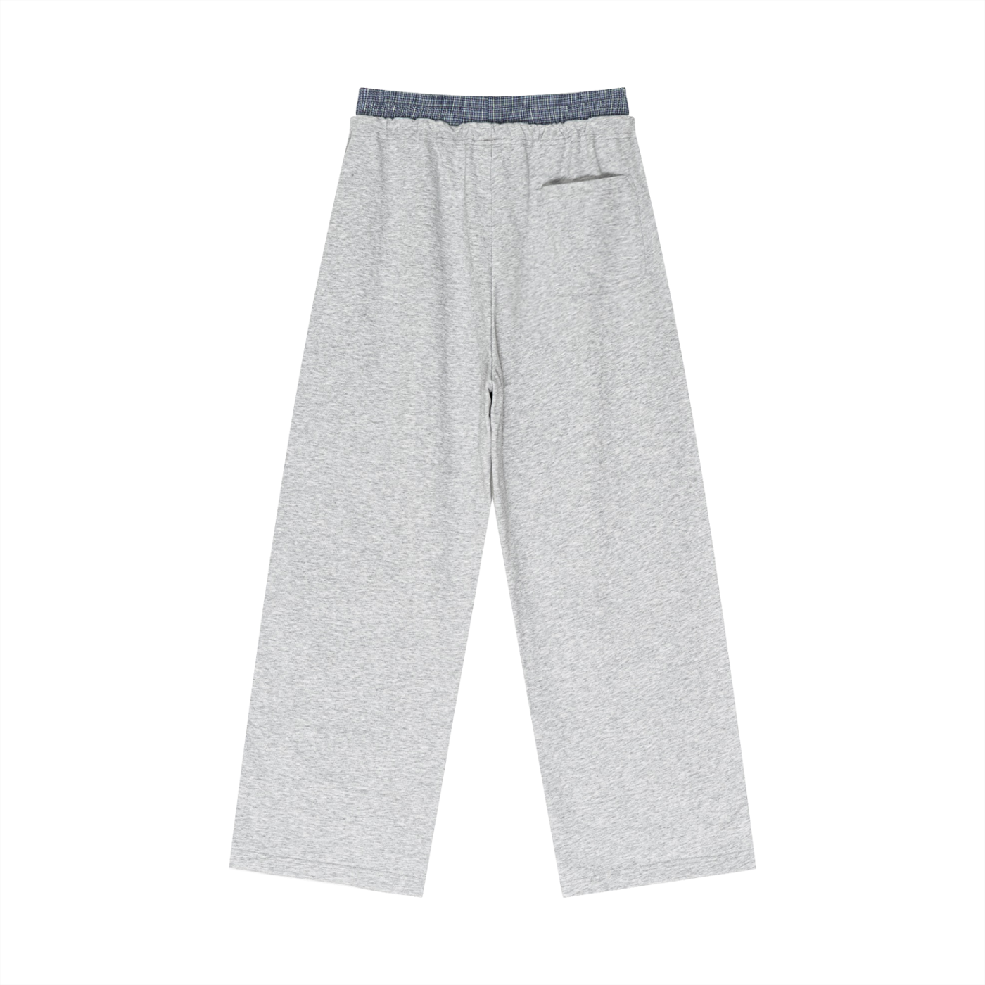 Plaid-contrast waist pants in light heather gray with elastic waistband and loose wide fit