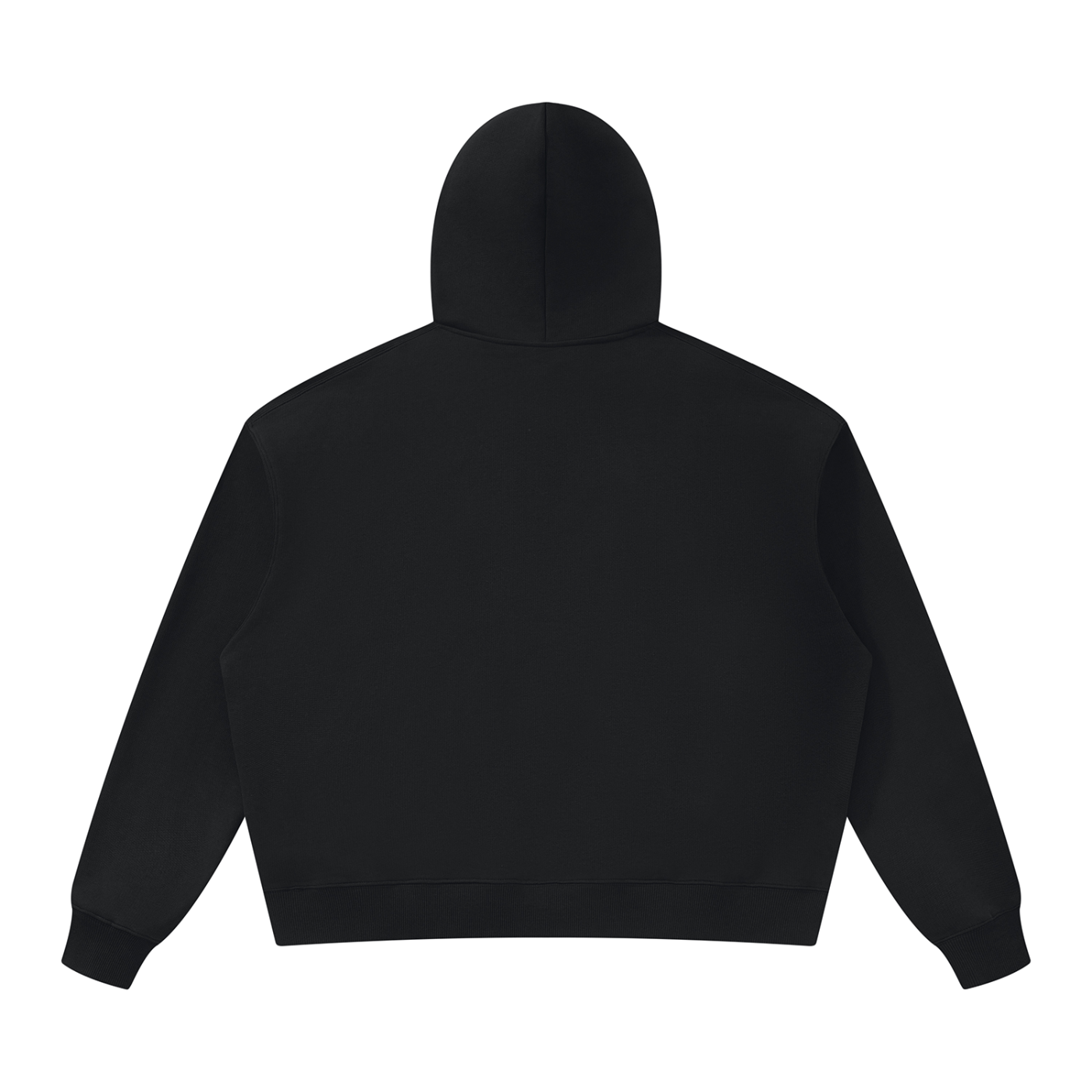 Black oversized unisex heavyweight hoodie, back view with hood and ribbed cuffs