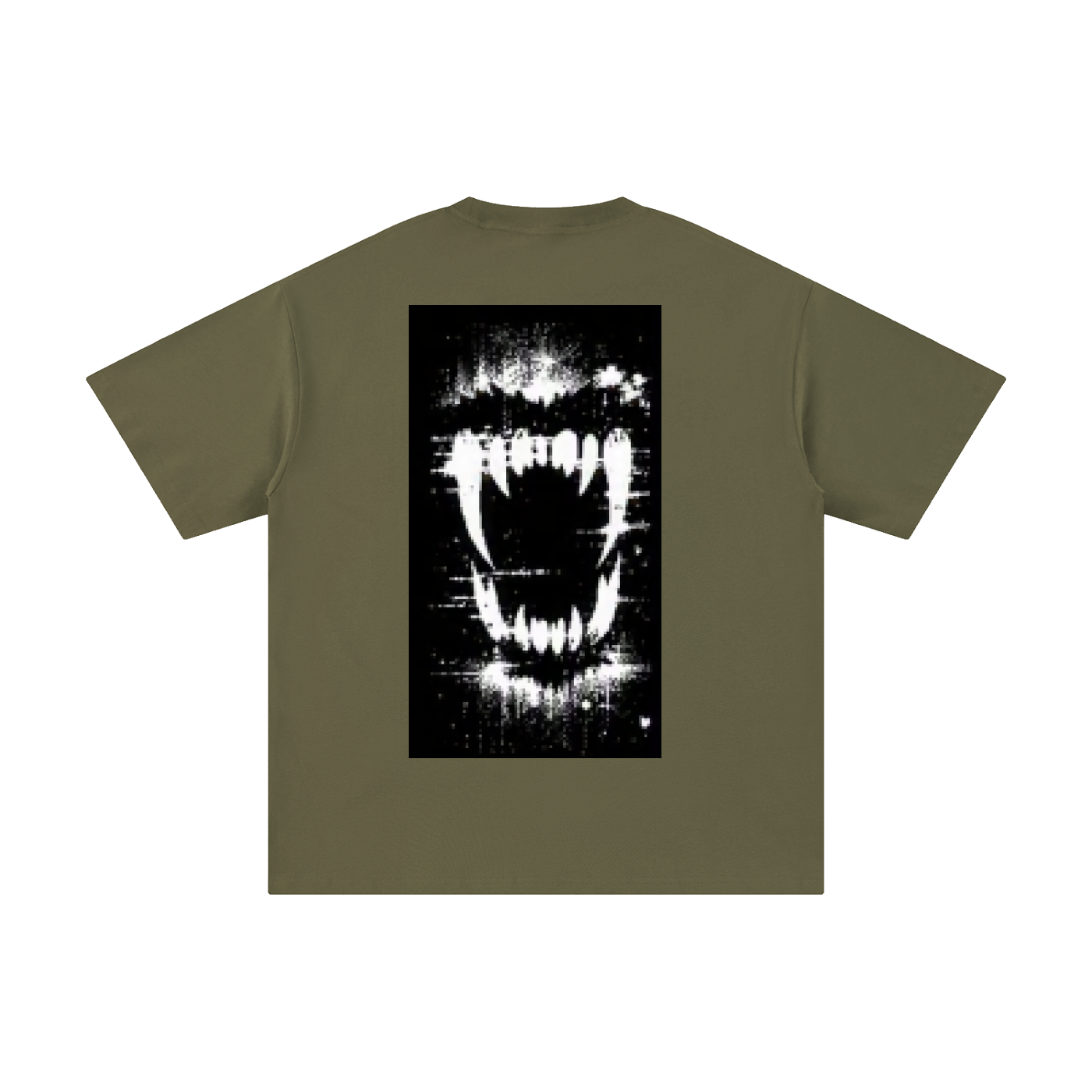 Olive green pure cotton T-shirt with black-and-white chest graphic, crew neck