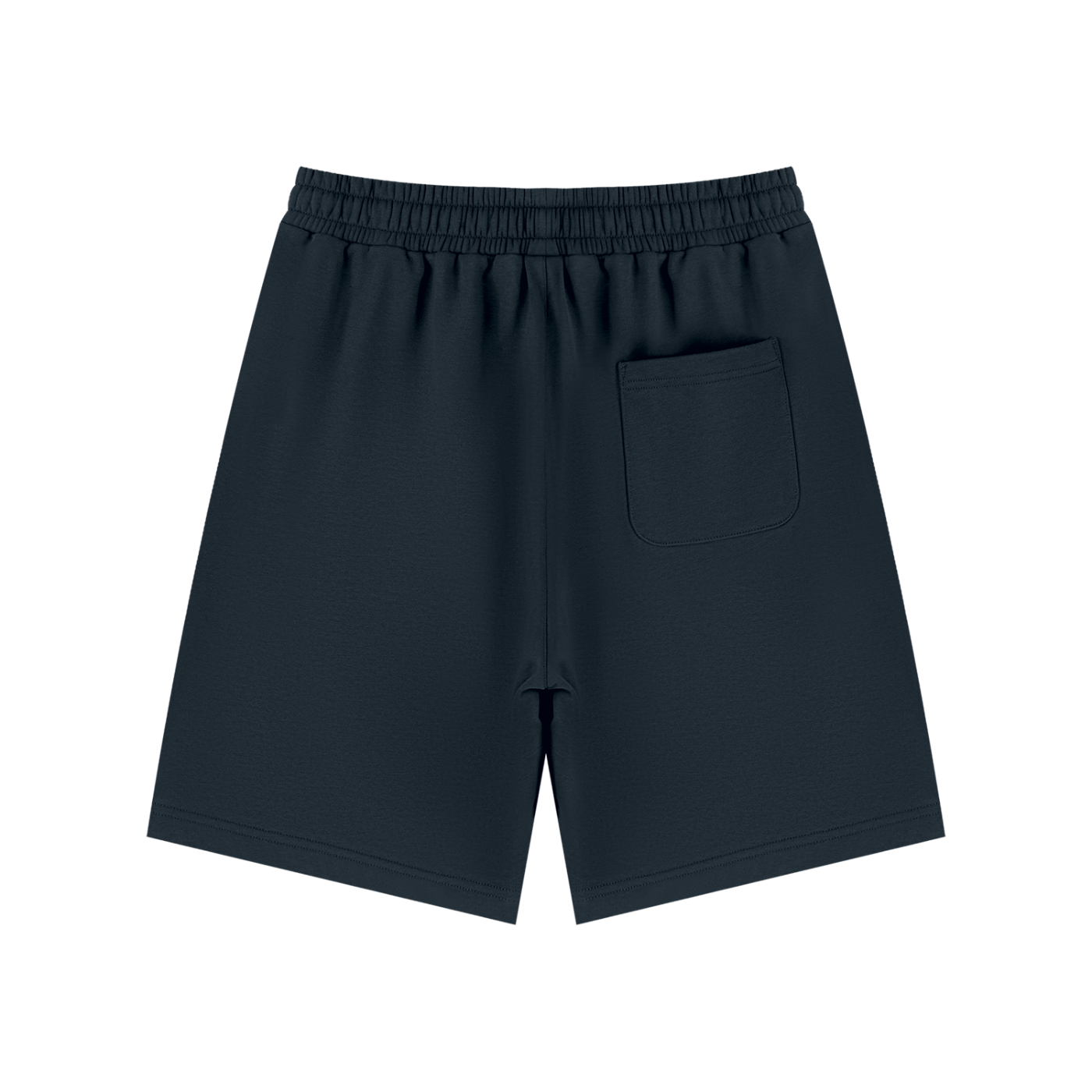 Unisex navy blue drawstring shorts with side pocket and elastic waistband