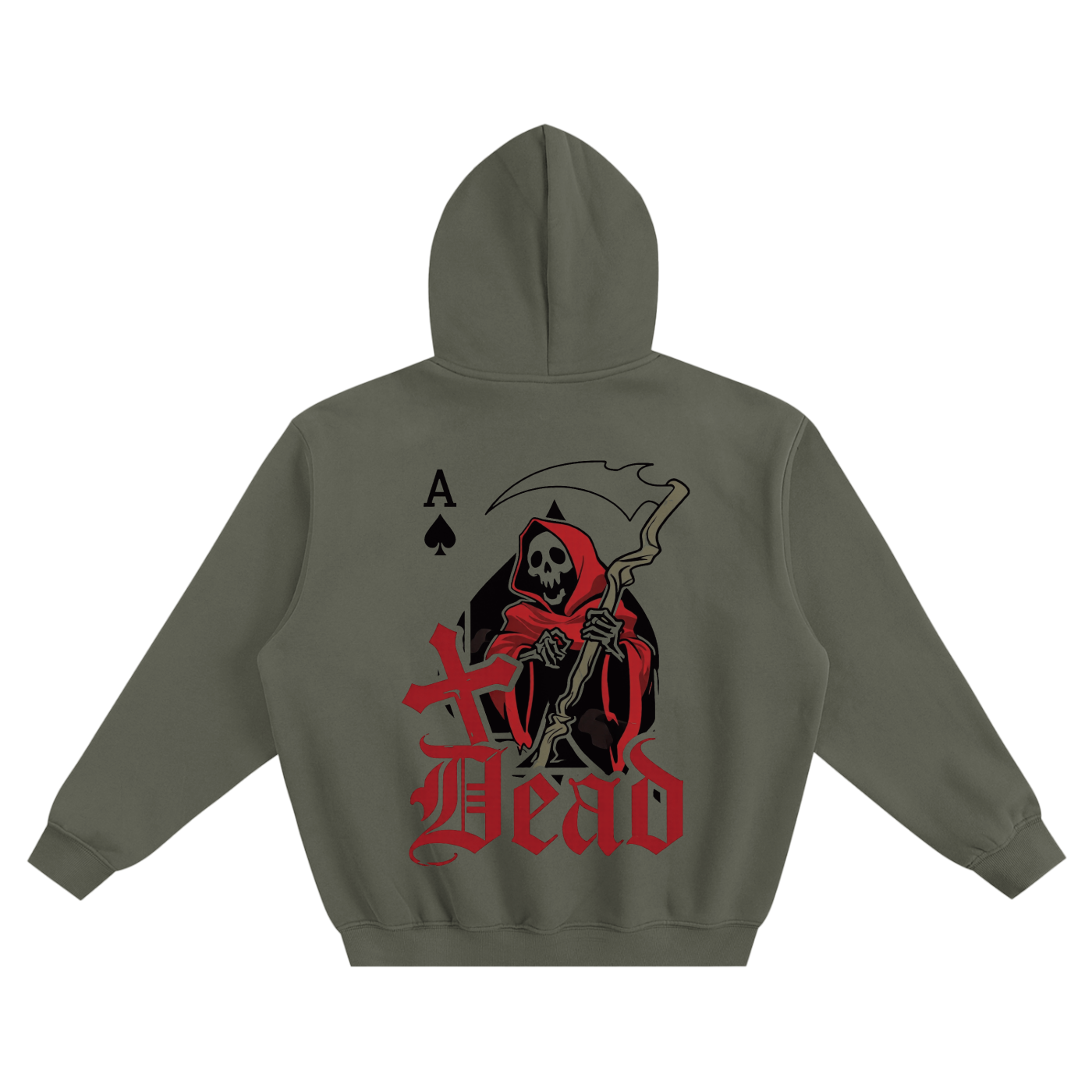 Boxy fleece hoodie, gray green, back large skeleton playing-card graphic