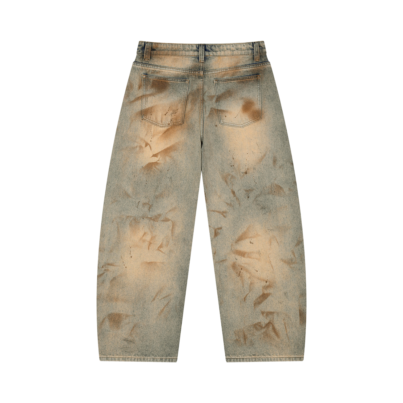 Men's vintage wash barrel-leg jeans, back with two patch pockets, distressed light wash