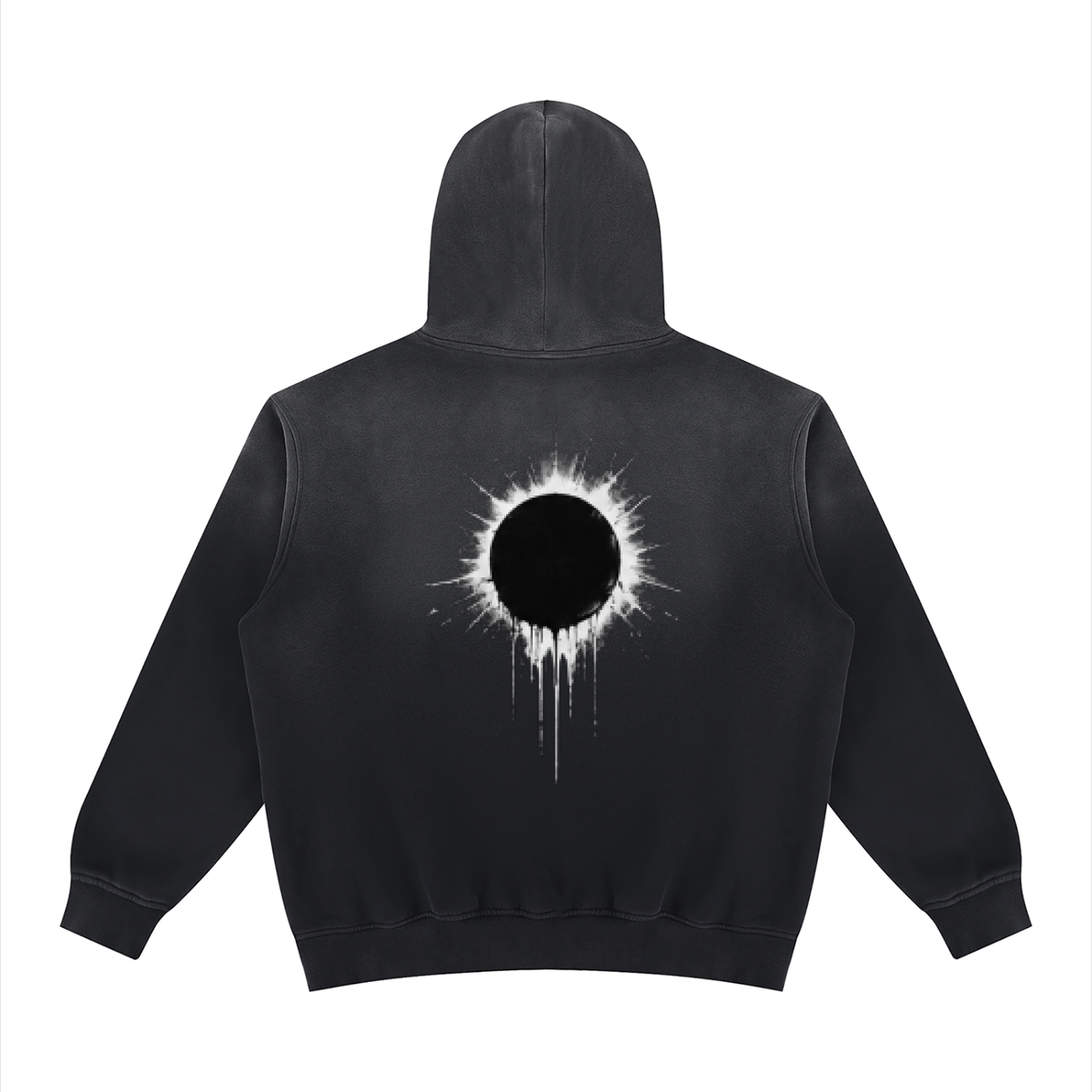 Black fleece hoodie with back circular burst graphic and drips, hood and pouch pocket