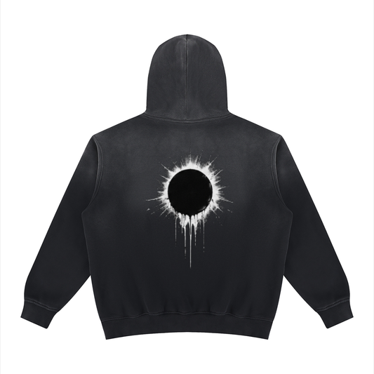 Black fleece hoodie with back circular burst graphic and drips, hood and pouch pocket
