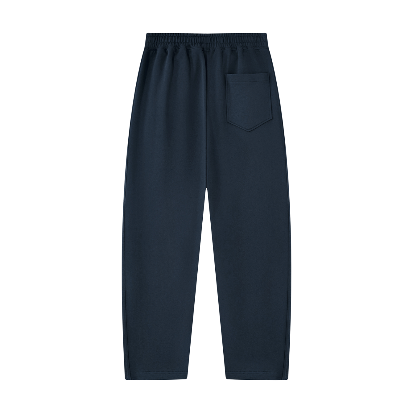 Unisex tapered straight hem sweatpants, navy blue, elastic waistband, side patch pocket.