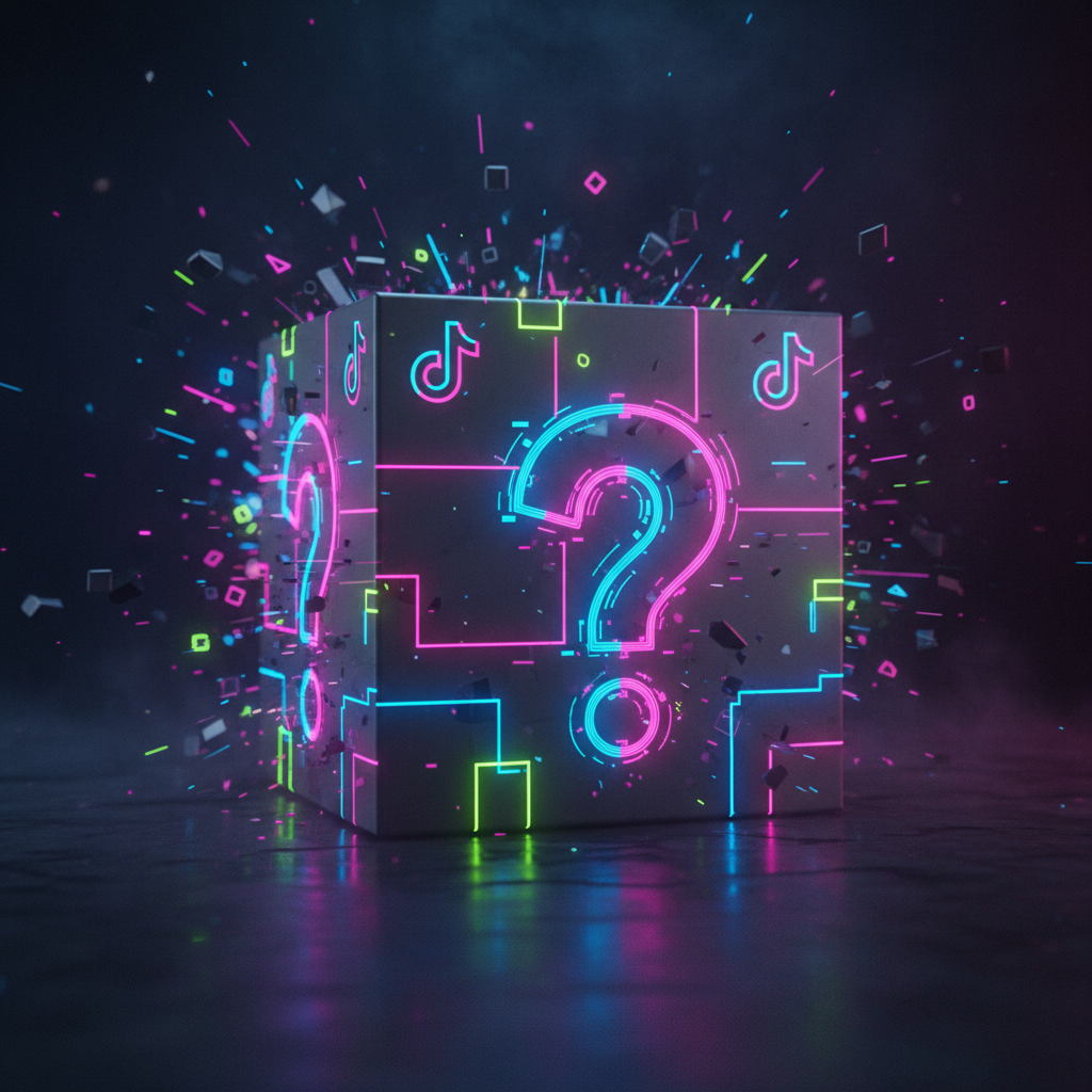 Medium mystery box with neon question-mark graphic and music-note icons