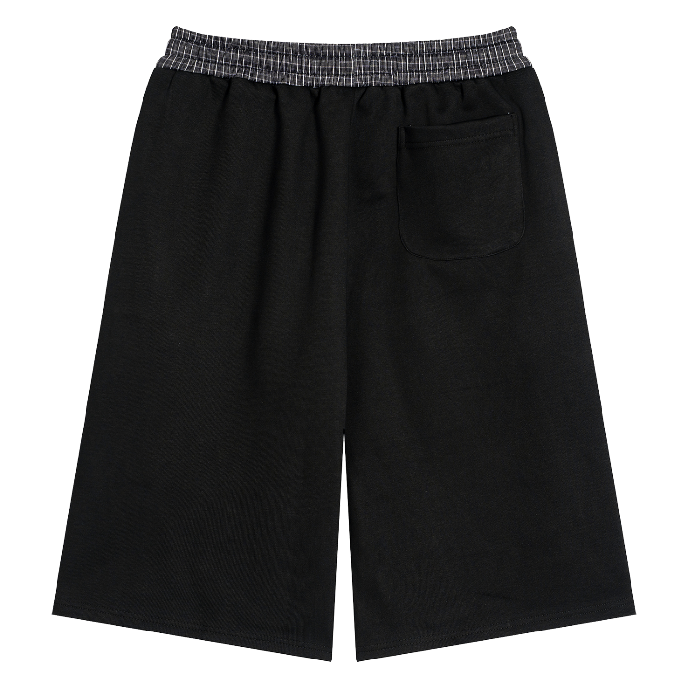 Black unisex shorts with plaid elastic waistband, drawcords, and front pocket