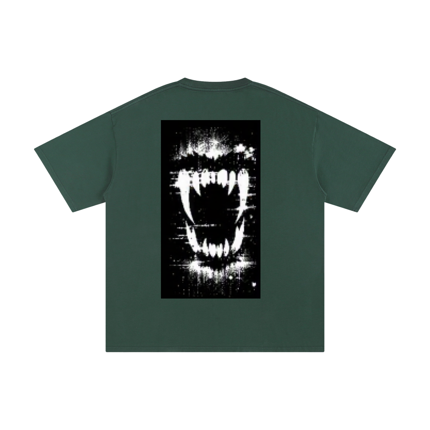 FERAL pure cotton T-shirt, dark green with black-and-white graphic print