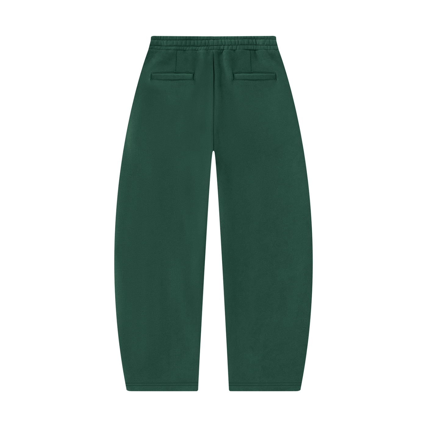 Dark green unisex barrel-leg sweatpants with side pockets and elastic waistband