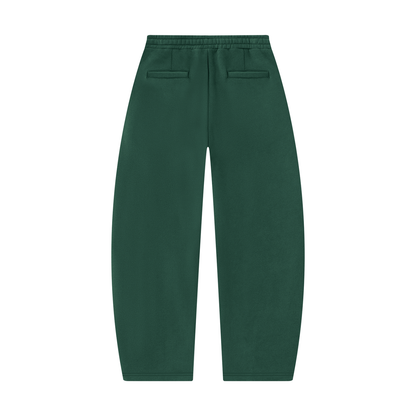 Dark green unisex barrel-leg sweatpants with side pockets and elastic waistband