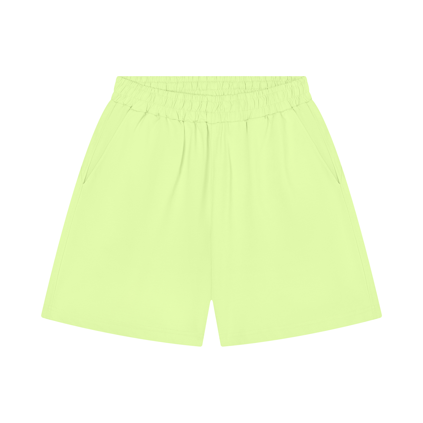 Bright light green cotton shorts with elastic waistband and relaxed straight legs