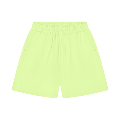 Bright light green cotton shorts with elastic waistband and relaxed straight legs