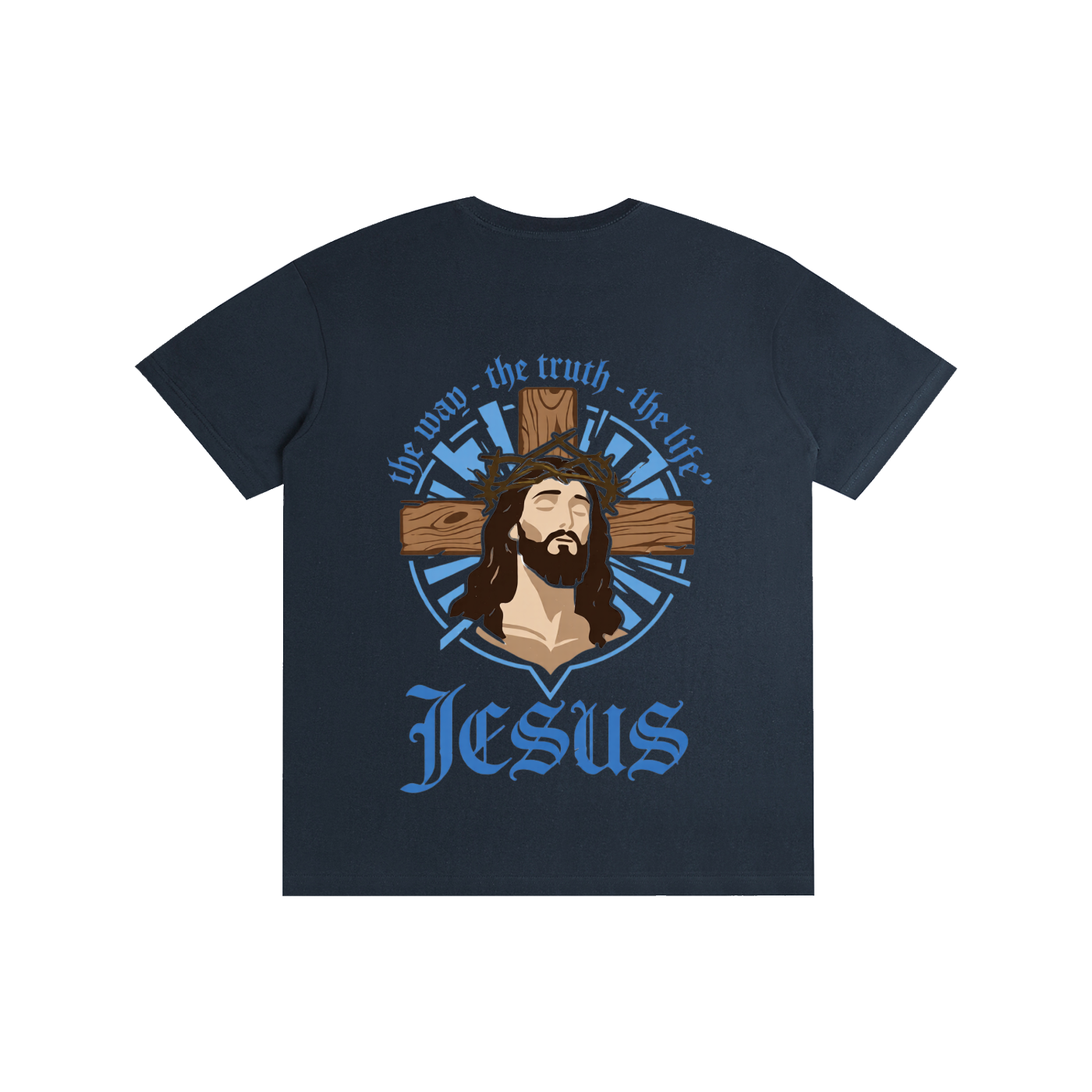 Unisex cotton T-shirt, dark navy, Jesus portrait with blue text 'Jesus' front print