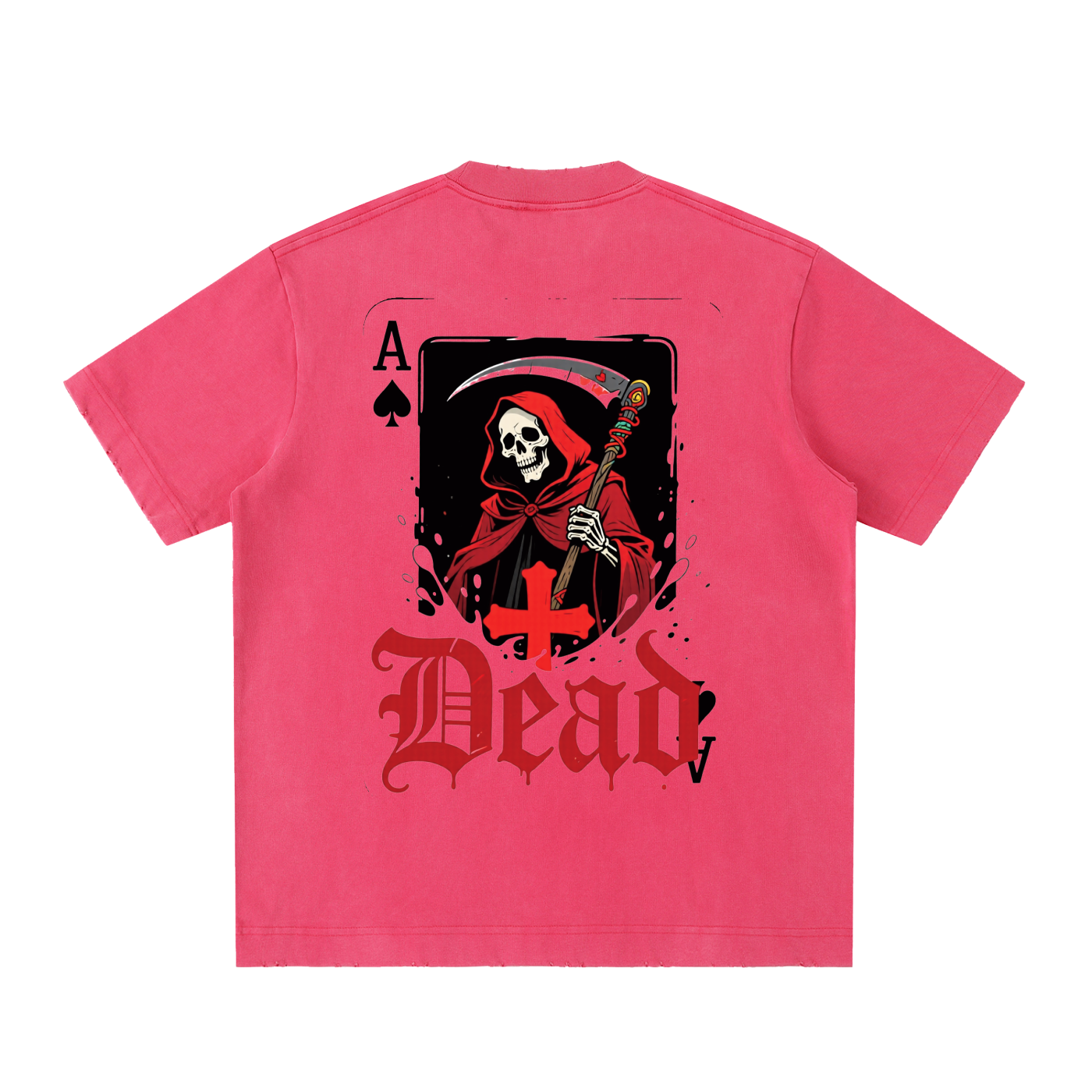 Vintage-washed rose red t-shirt with back Grim reaper graphic