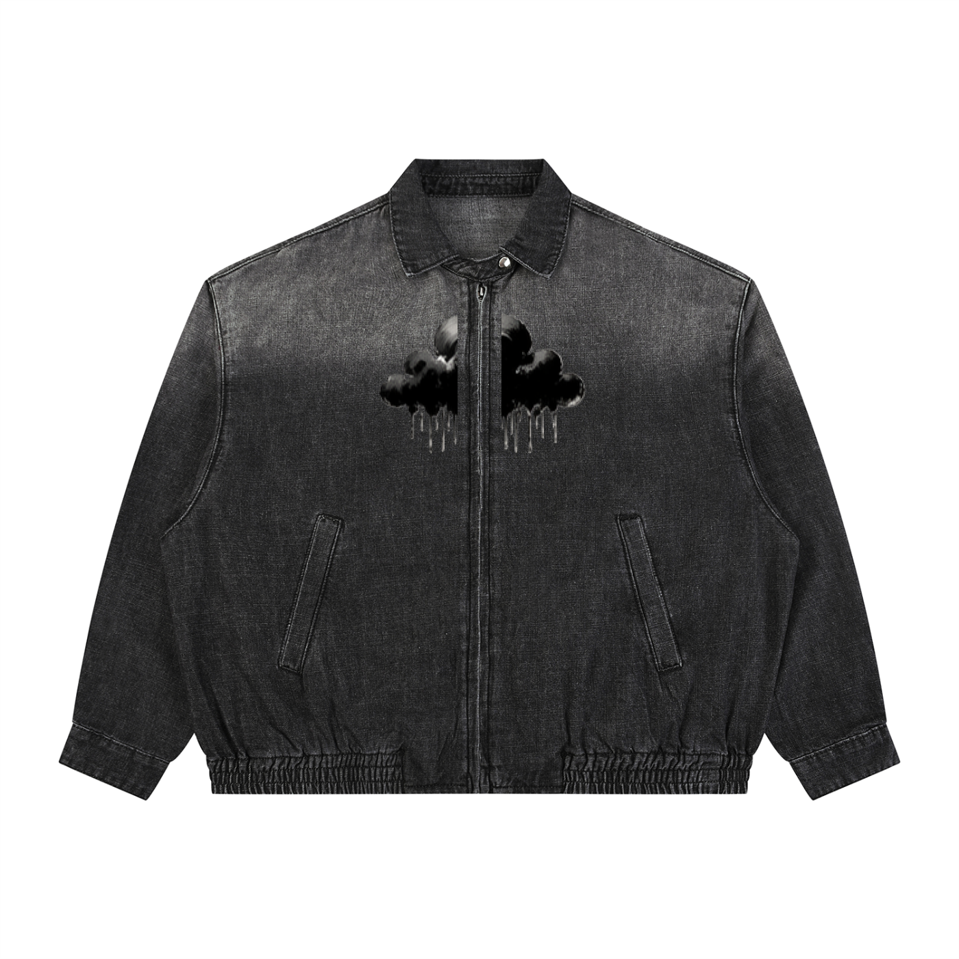 Black denim full-zip jacket with front graphic and two chest flap pockets