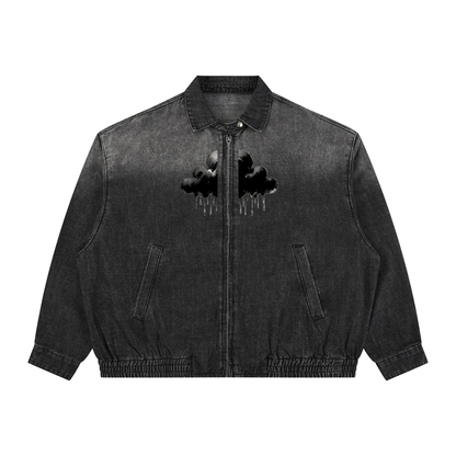 Black denim full-zip jacket with front graphic and two chest flap pockets