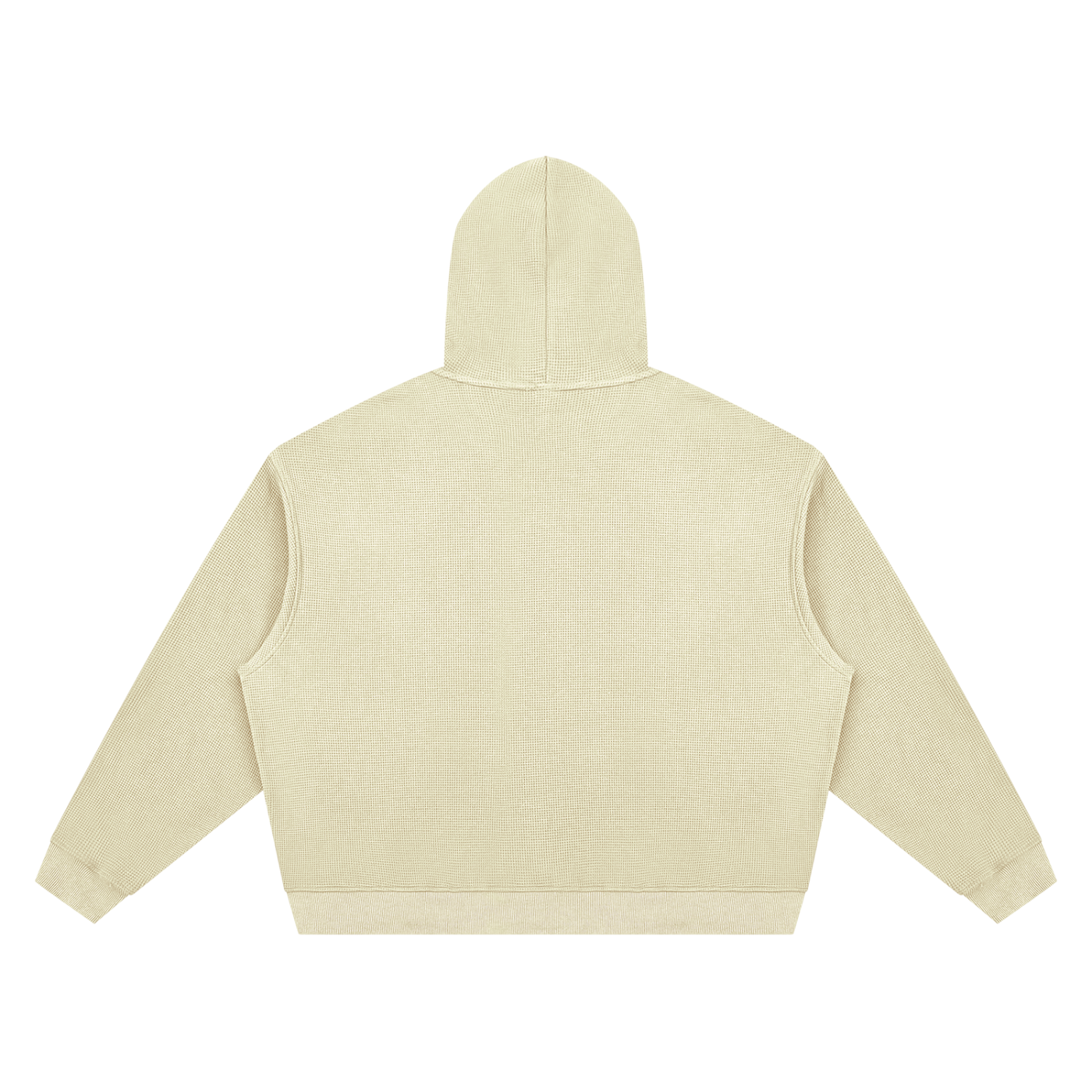 Light beige unisex boxy pullover hoodie, back view with hood and kangaroo pocket