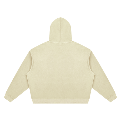 Light beige unisex boxy pullover hoodie, back view with hood and kangaroo pocket