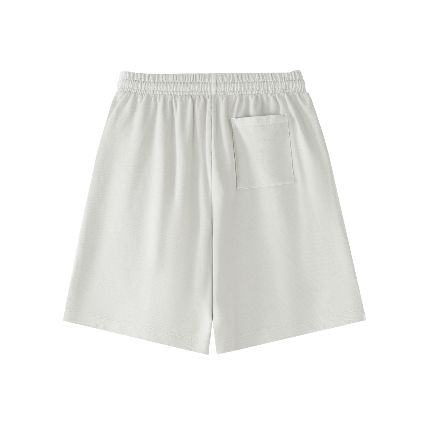White vintage-wash cotton shorts with elastic waistband, drawstring, and side pocket
