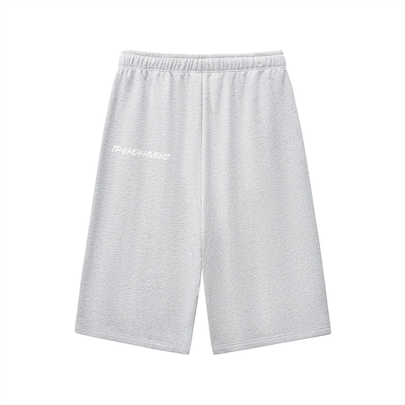 Light gray three-quarter sweatpants with elastic waistband and drawstring, small left logo