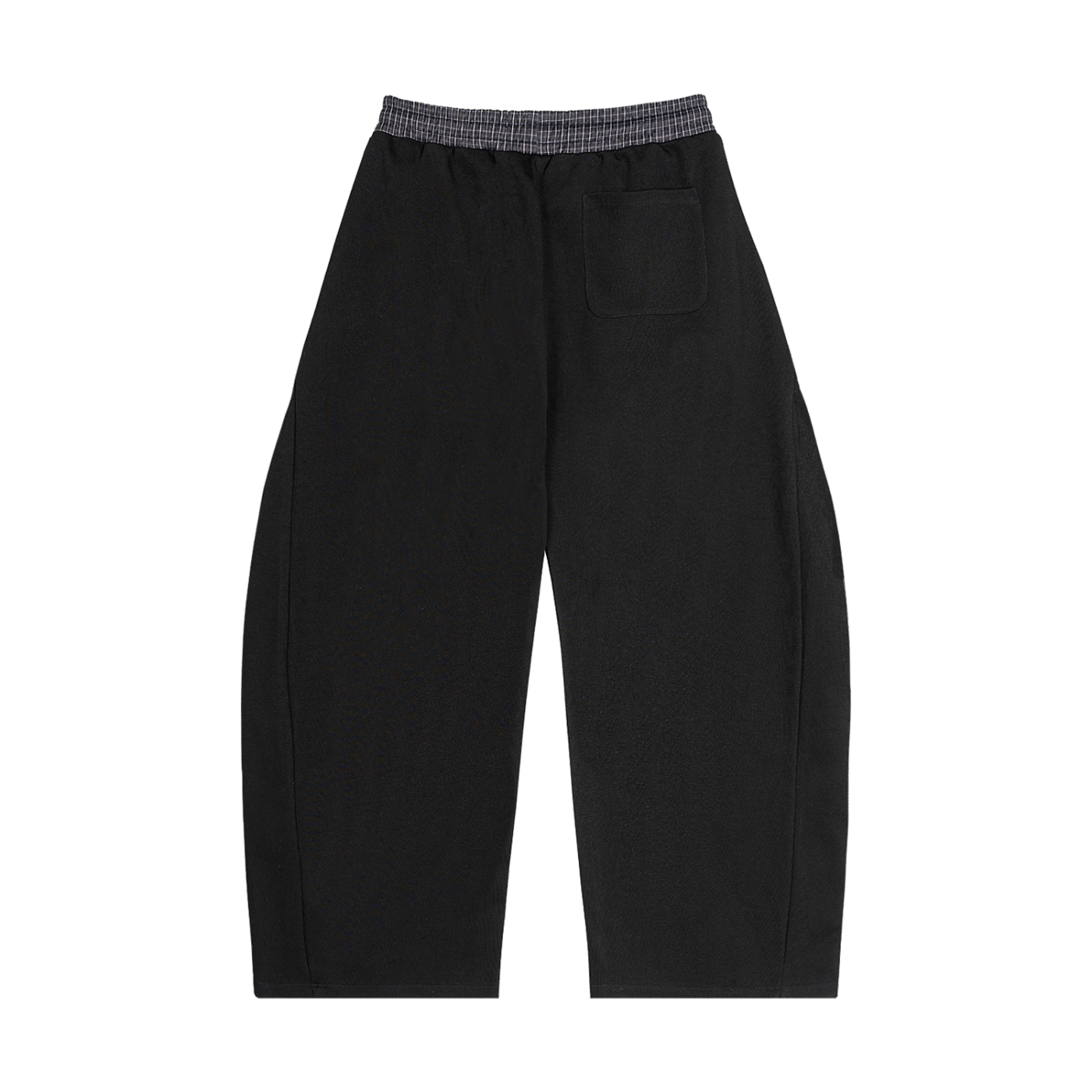 Black barrel sweatpants with plaid waistband, drawstring, and side pocket