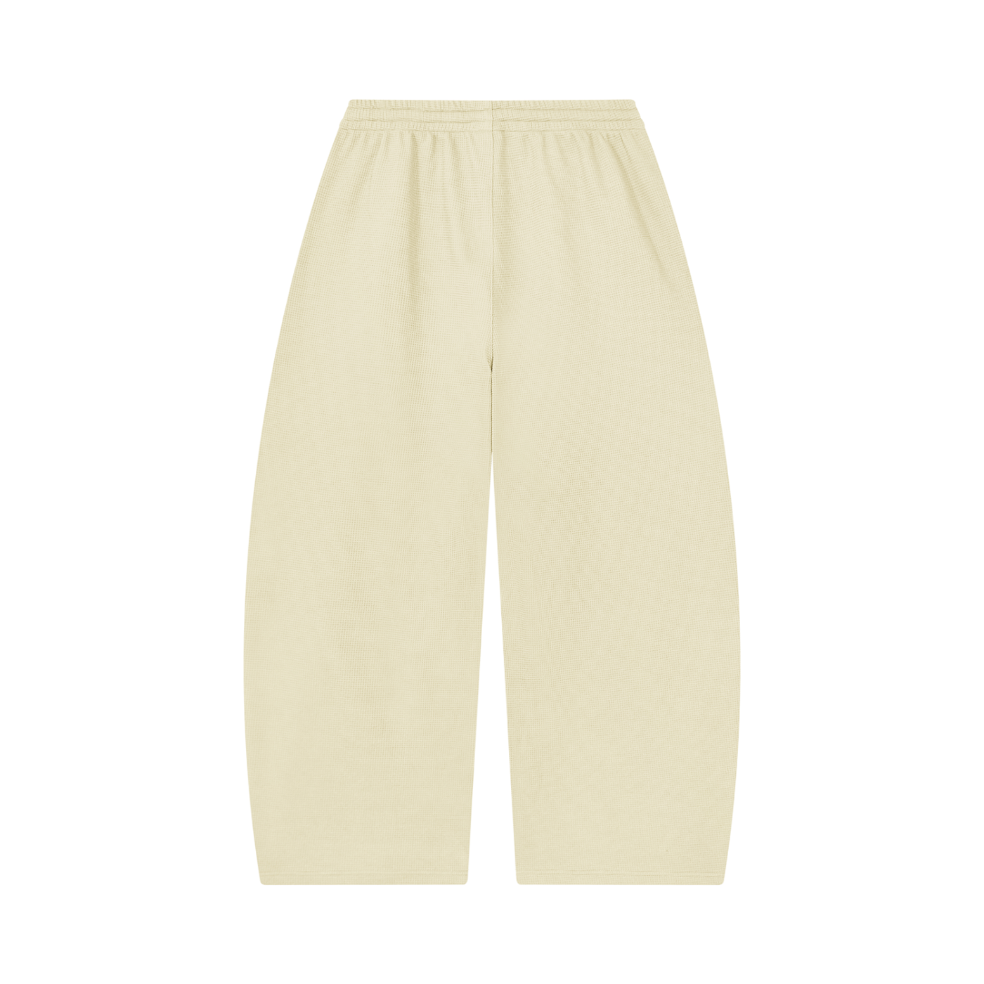 Light cream barrel-leg pants with elastic waist and drawstring, loose tapered legs