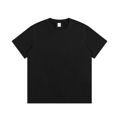 Black cotton boxy-fit T-shirt, crew neck, short sleeves (front view).