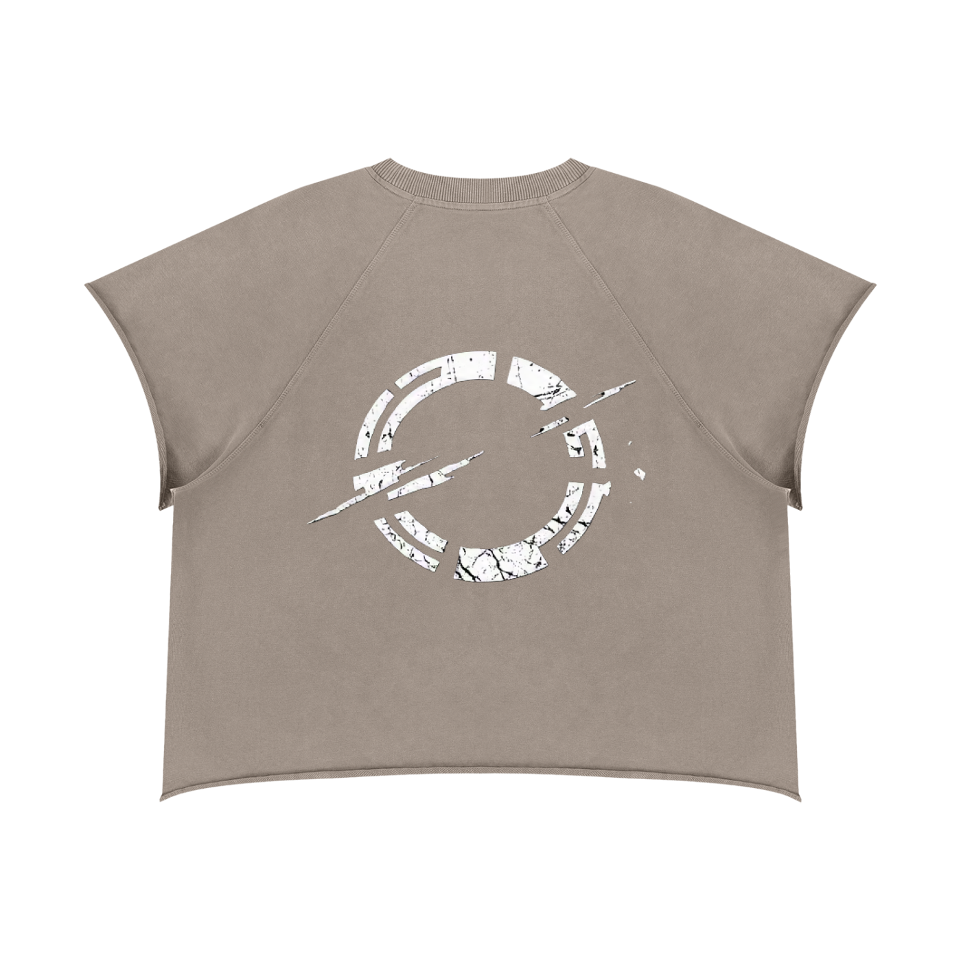 Khaki ash boxy crewneck T-shirt with distressed circular glitch graphic on front