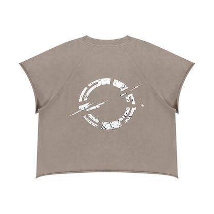 Khaki ash boxy crewneck T-shirt with distressed circular glitch graphic on front