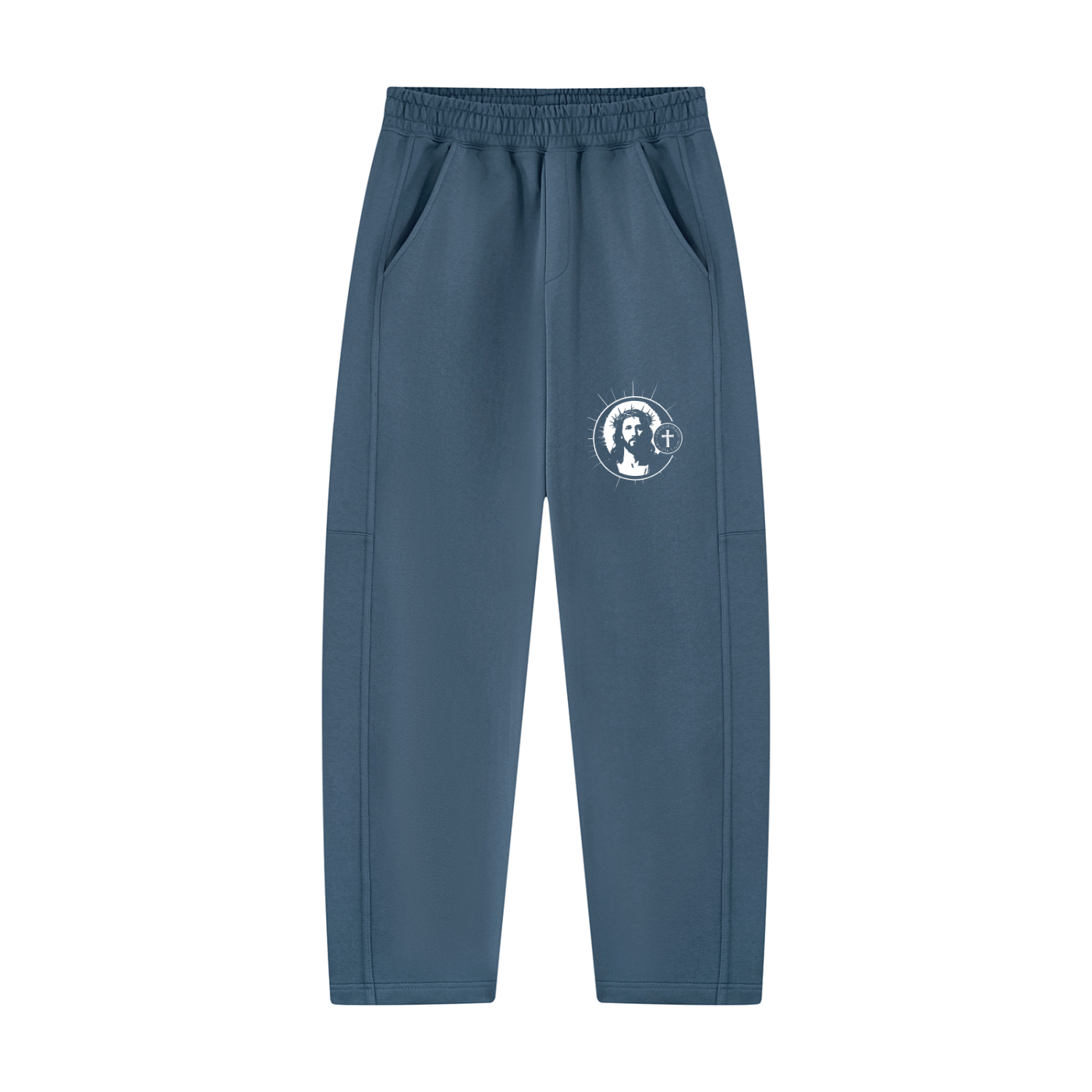 Haze blue unisex tapered straight hem sweatpants, elastic waist, circular logo on leg, side pockets