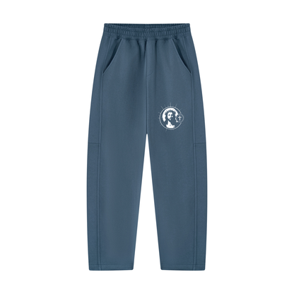 Haze blue unisex tapered straight hem sweatpants, elastic waist, circular logo on leg, side pockets