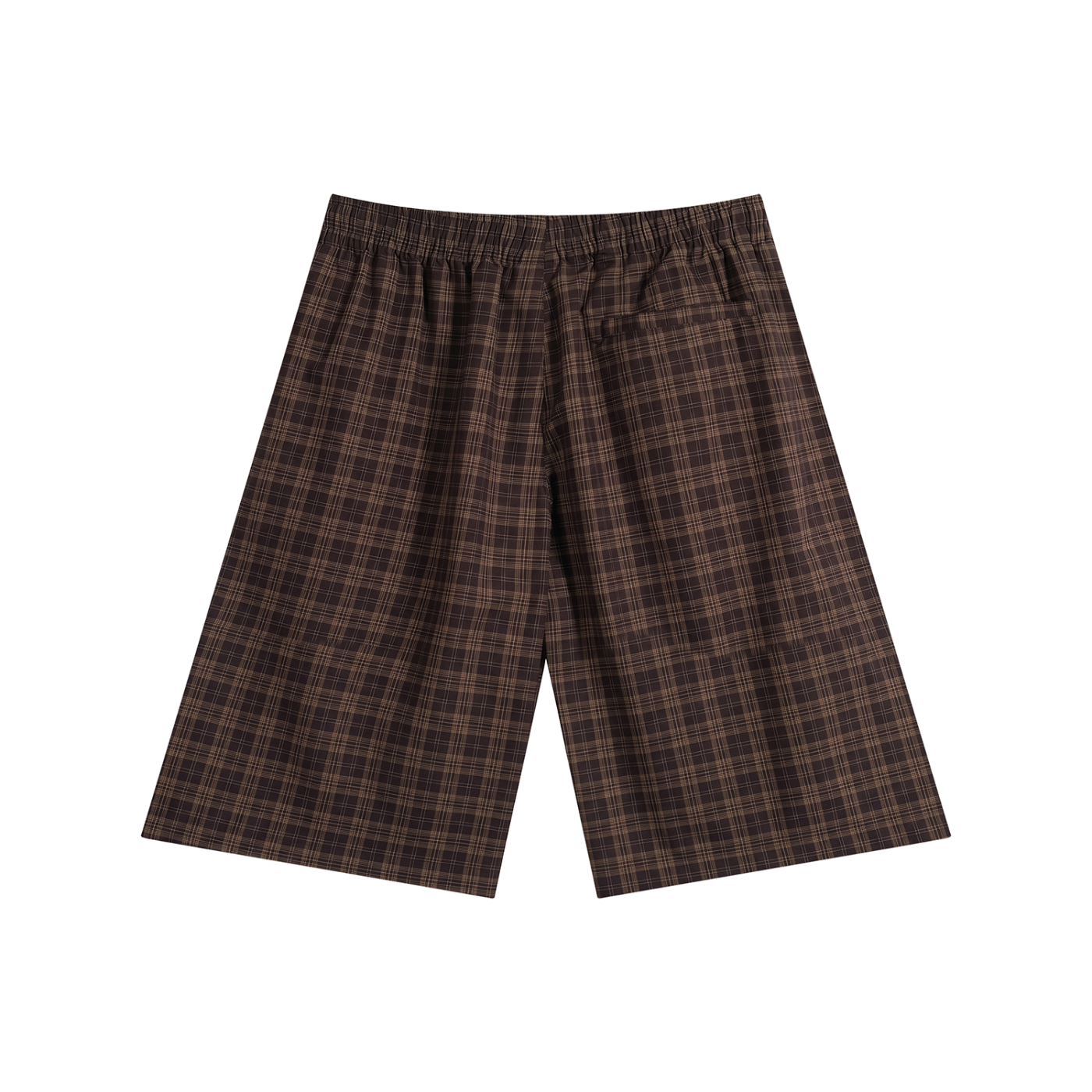 Dark brown plaid wide-leg shorts with elastic waistband and drawstring ties