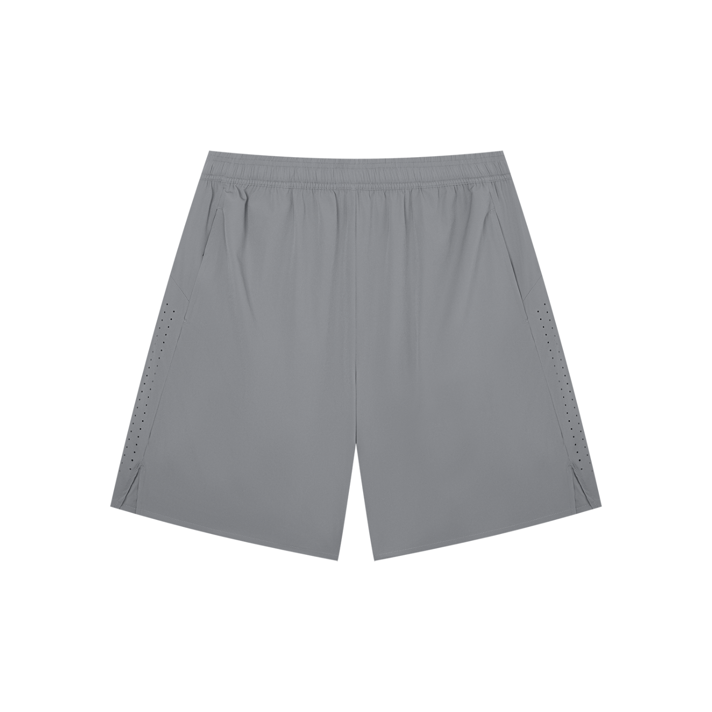 Men's light gray performance shorts with elastic waistband, above-knee cut