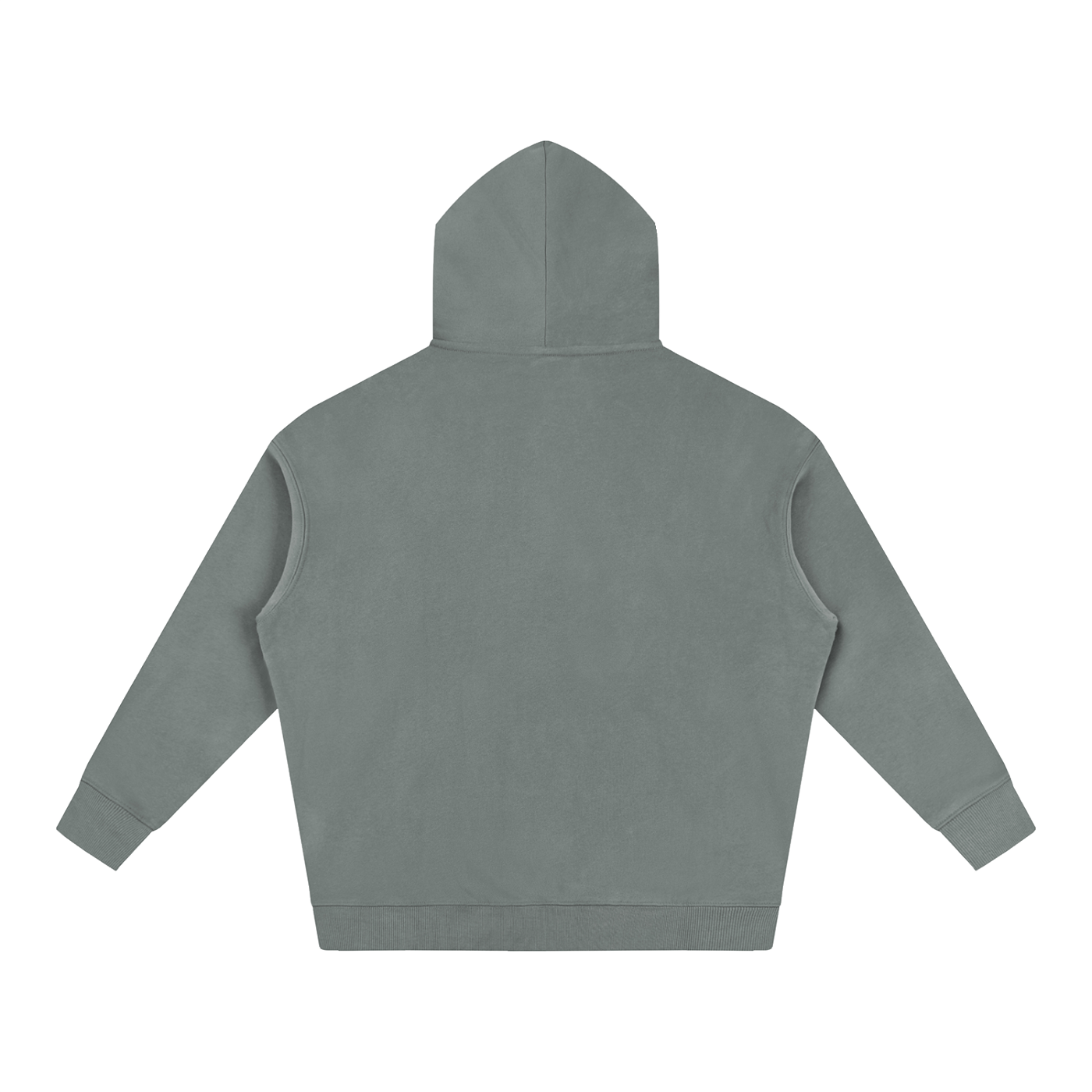 Sage gray oversized fleece hoodie hooded back view, long sleeves, kangaroo pocket.