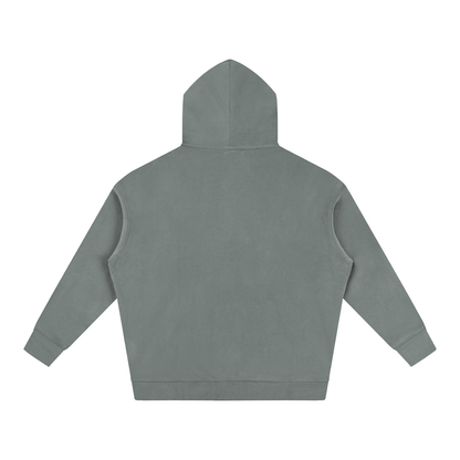 Sage gray oversized fleece hoodie hooded back view, long sleeves, kangaroo pocket.
