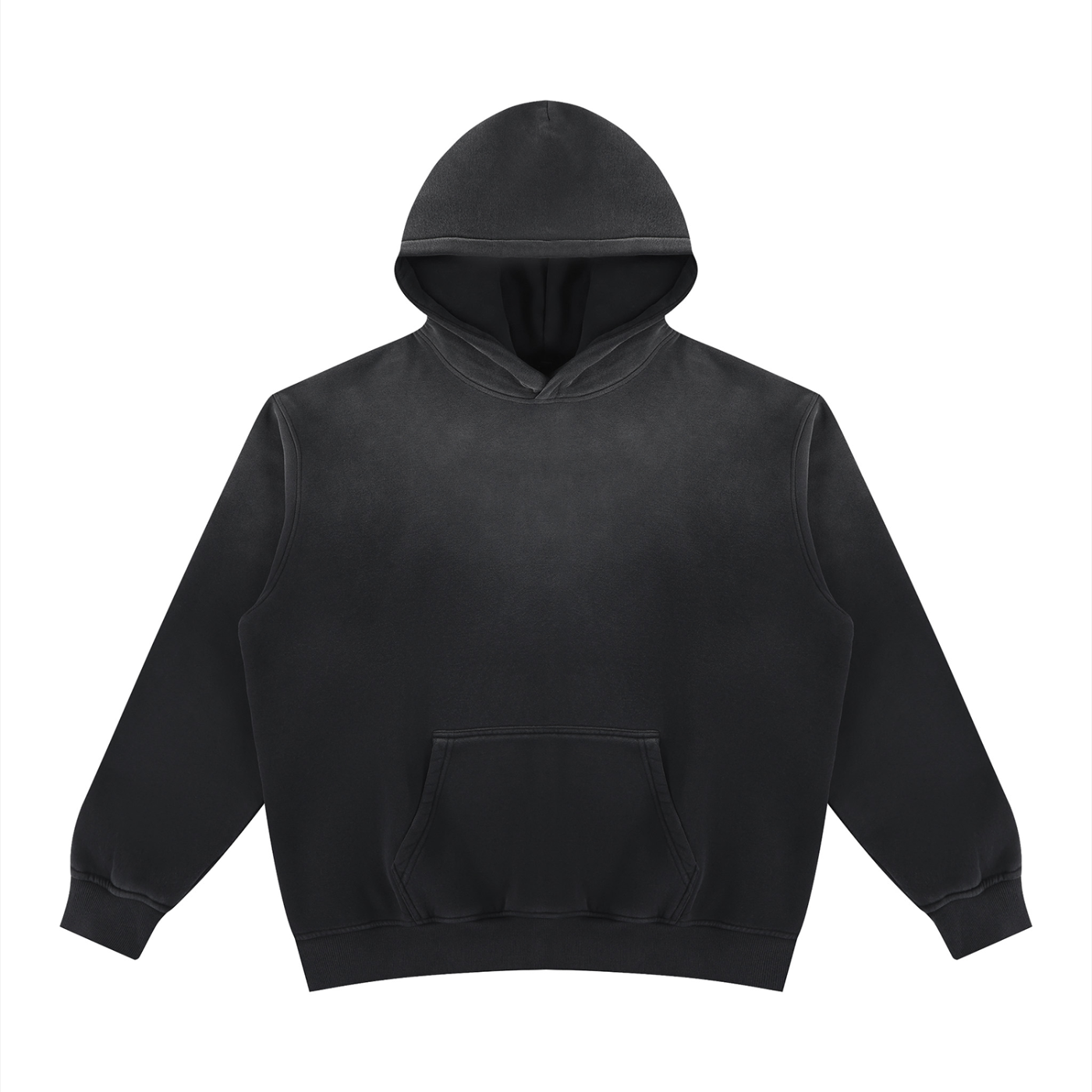 Unisex vintage wash fleece hoodie, black, front view with hood and kangaroo pocket