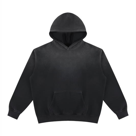 Unisex vintage wash fleece hoodie, black, front view with hood and kangaroo pocket