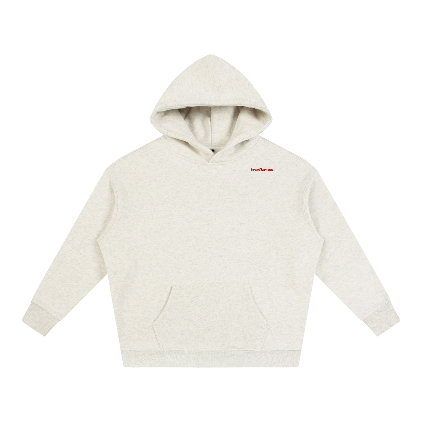 Oversized fleece hoodie, light heather beige, front hood, small chest logo, pocket