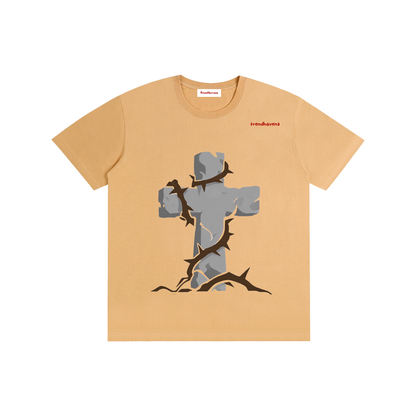 Unisex pure cotton T-shirt, caramel beige with gray Jesus graphic