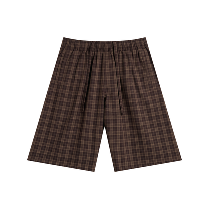 Plaid wide-leg shorts with elastic waistband and drawstring, dark brown plaid
