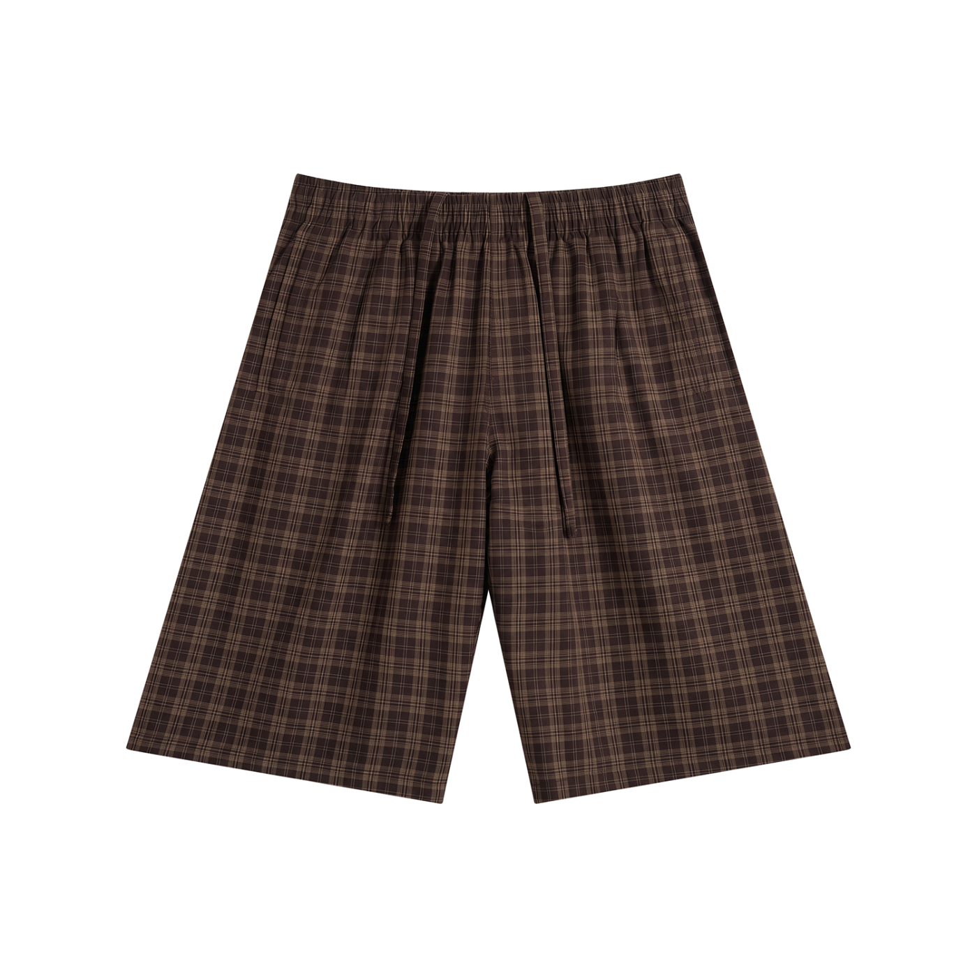 Brown plaid wide-leg shorts with elastic waistband and drawstring ties
