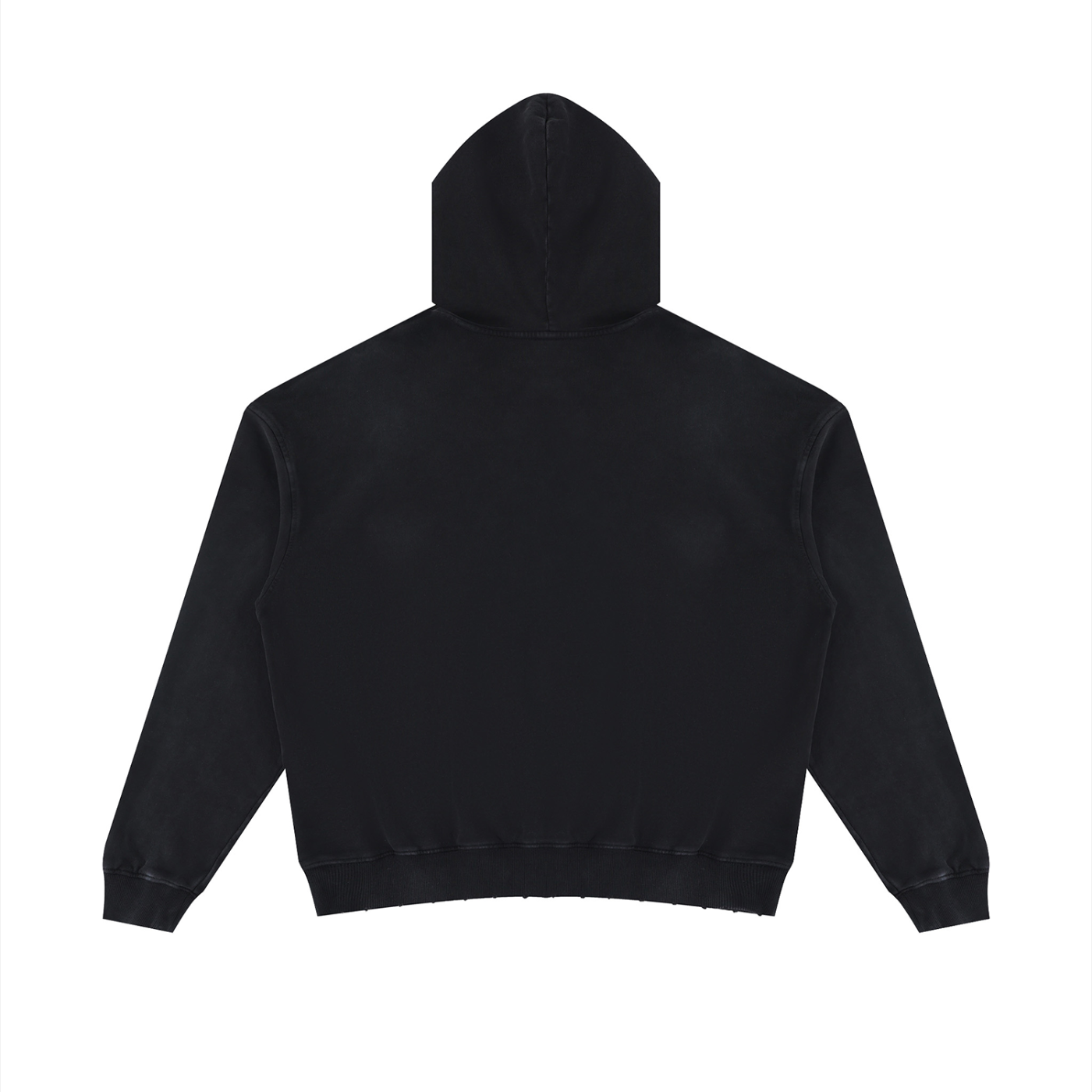 Unisex mineral-wash distressed pullover hoodie, black, back view with hood and ribbed hem