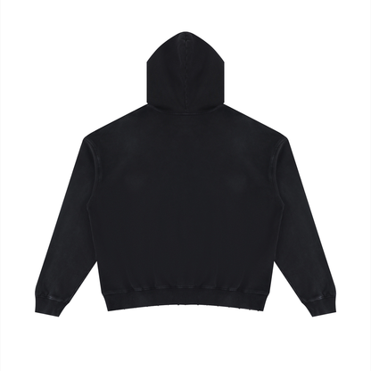 Unisex mineral-wash distressed pullover hoodie, black, back view with hood and ribbed hem
