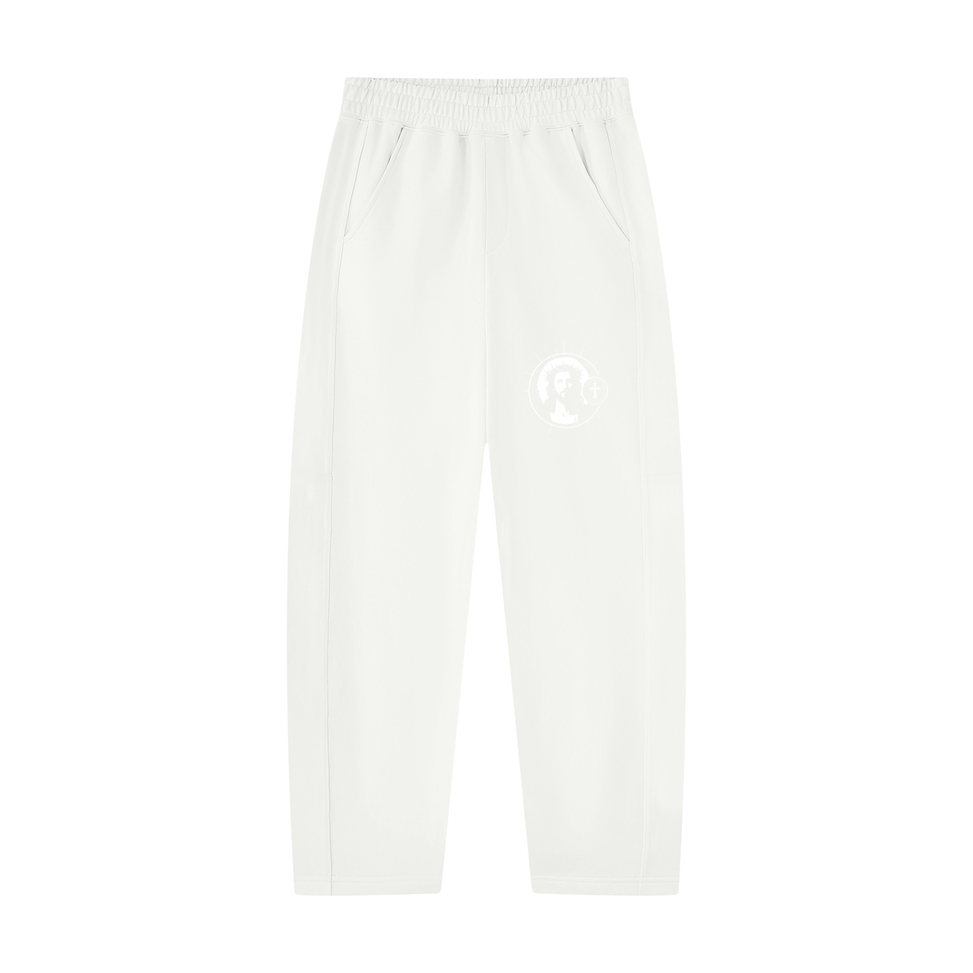 White unisex tapered straight hem sweatpants, elastic waist, circular logo on leg, side pockets