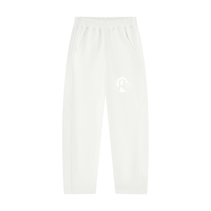White unisex tapered straight hem sweatpants, elastic waist, circular logo on leg, side pockets